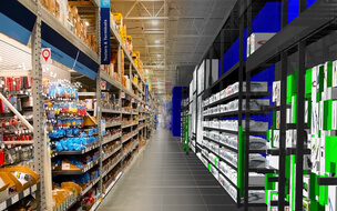 Store aisle in Lowe's Home Improvement in a split view of real life and the store Digital Twin digital representation.
