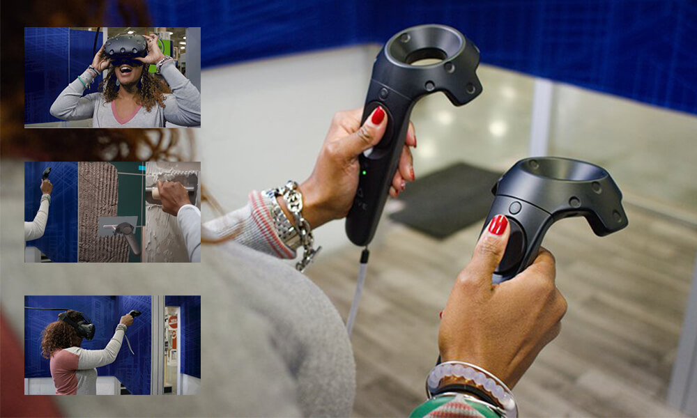 Collage of African-American woman holding VR controllers learning multiple aspects of DIY skills in a Lowes Home Improvement holoroom experience. 