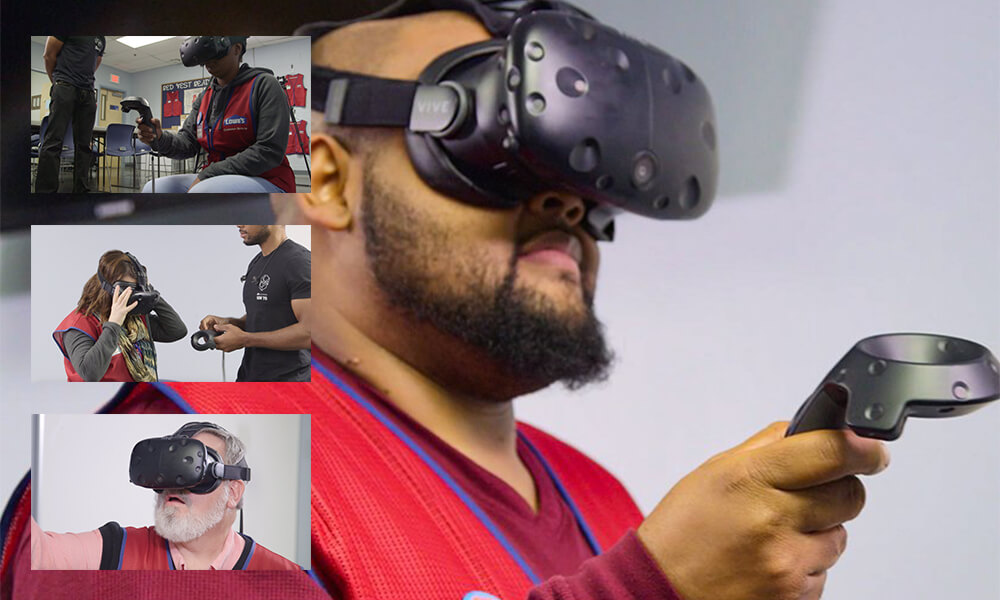 Collage of Lowes Home Improvement associates trying out VR headsets.