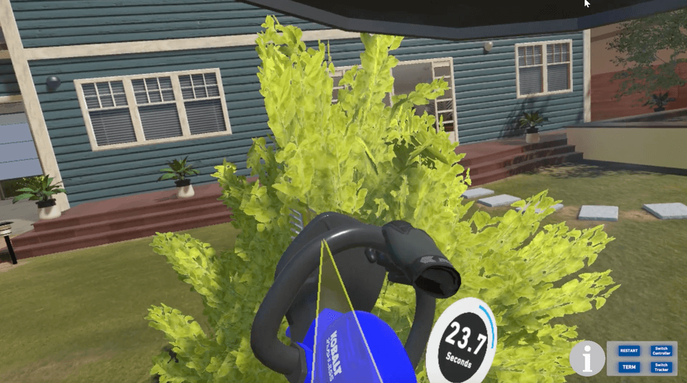 Inside VR view of the VR hedge-trimming experience. 