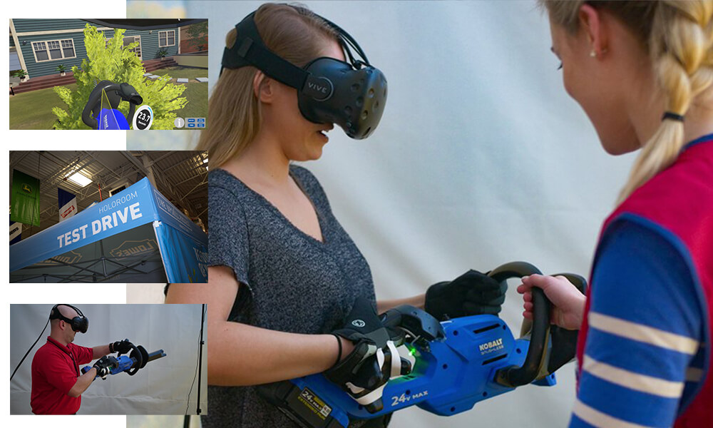 Collage of male and female customers holding a powertool-shaped controller learning how to trim hedges in a VR environment. 