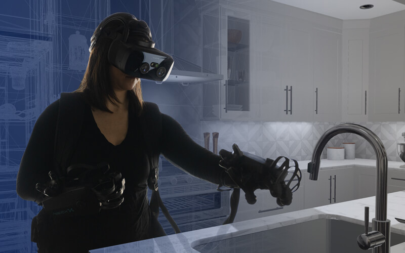 Female team member wearing haptics enabled gloves with tactile feedback, with kitchen in background fading into the digital environment.. 