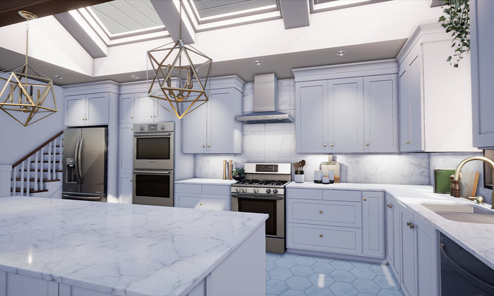Digitally rendered kitchen with white cabinets and white countertops.