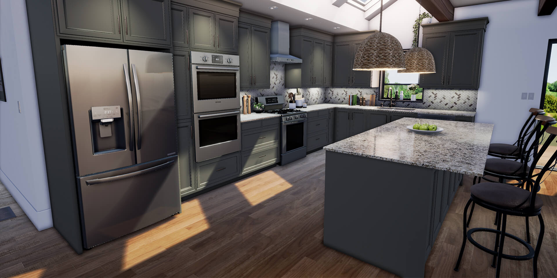 Digitally rendered kitchen with green cabinets.