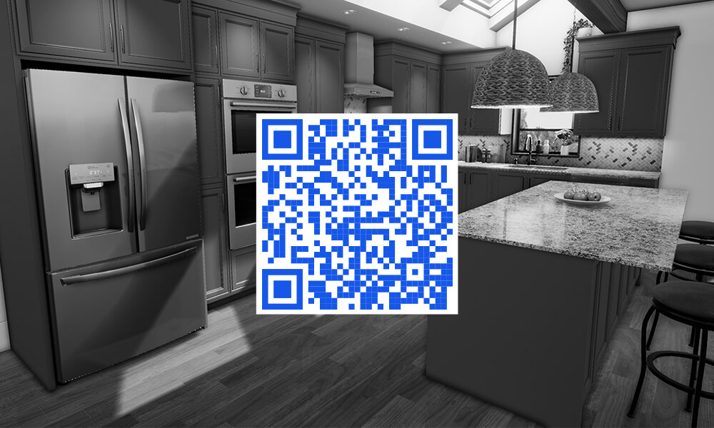 QR code to direct user to Infinite Kitchen experience with digital rendering of kitchen in the background. 