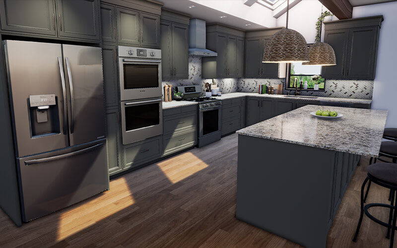 Digital rendering of kitchen using Lowe's Home improvements Infinite Kitchen AR software.