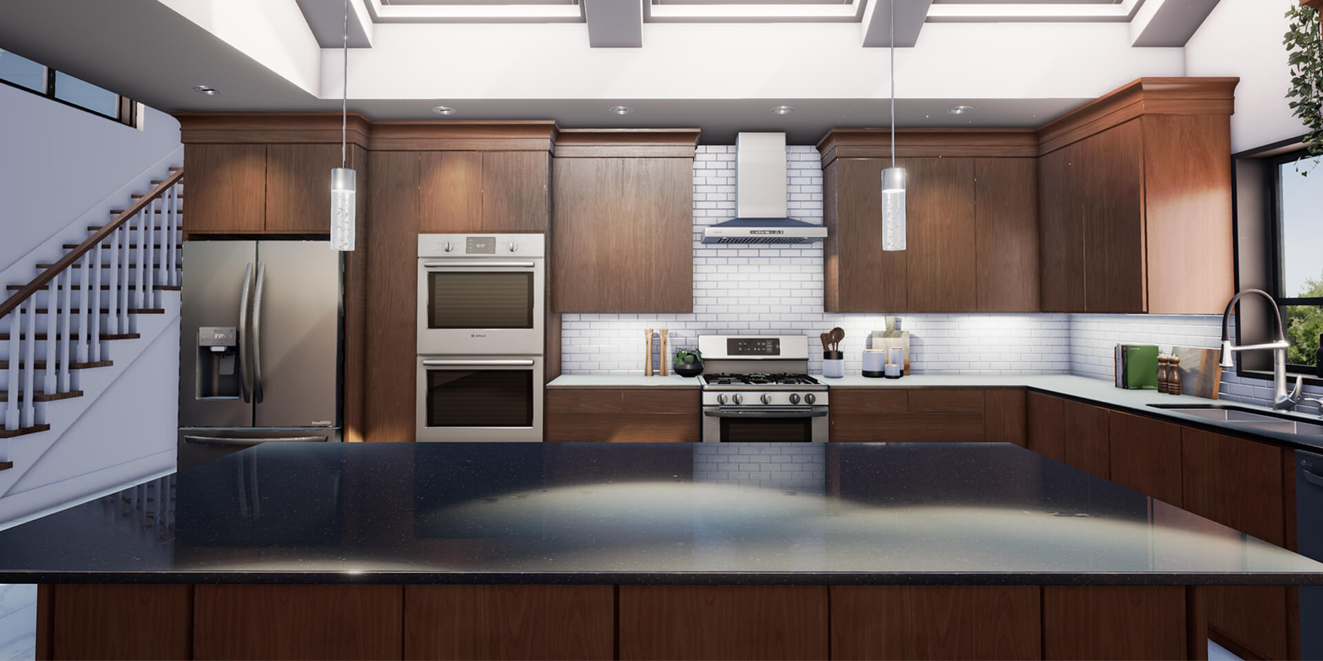 Digitally rendered kitchen with wood cabinets and dark countertops.