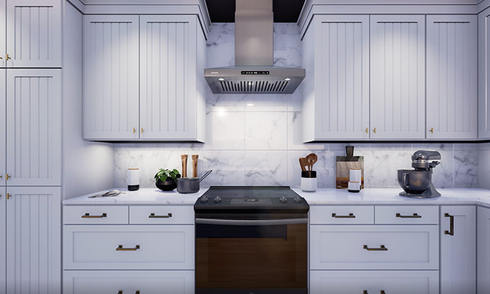 Digitally rendered kitchen with white cabinets and white countertops.
