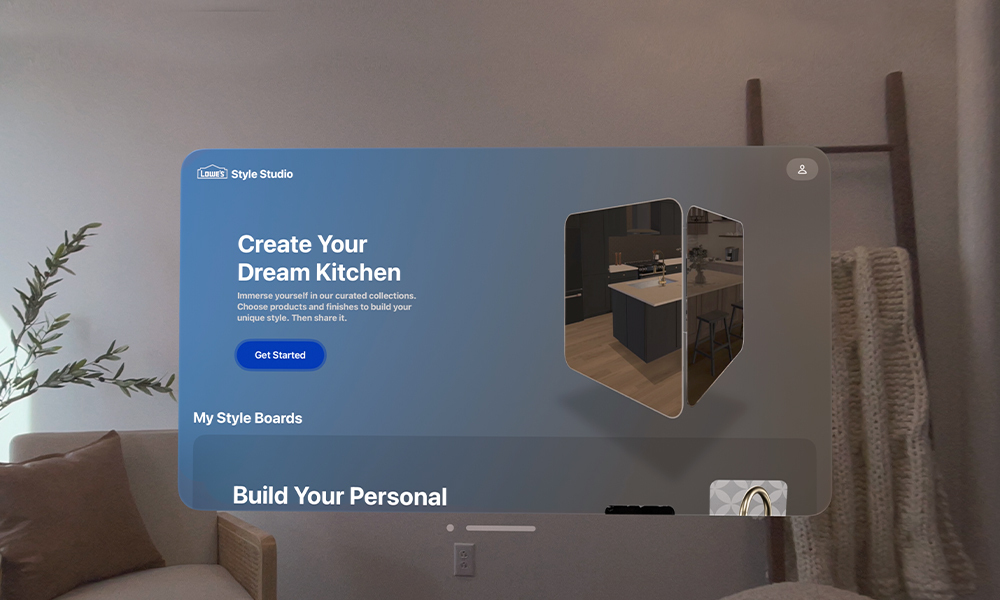 Landing page view of Lowe's Innovation Labs experience Lowe's Style Studio, seen within the Apple Vision Pro headset. 