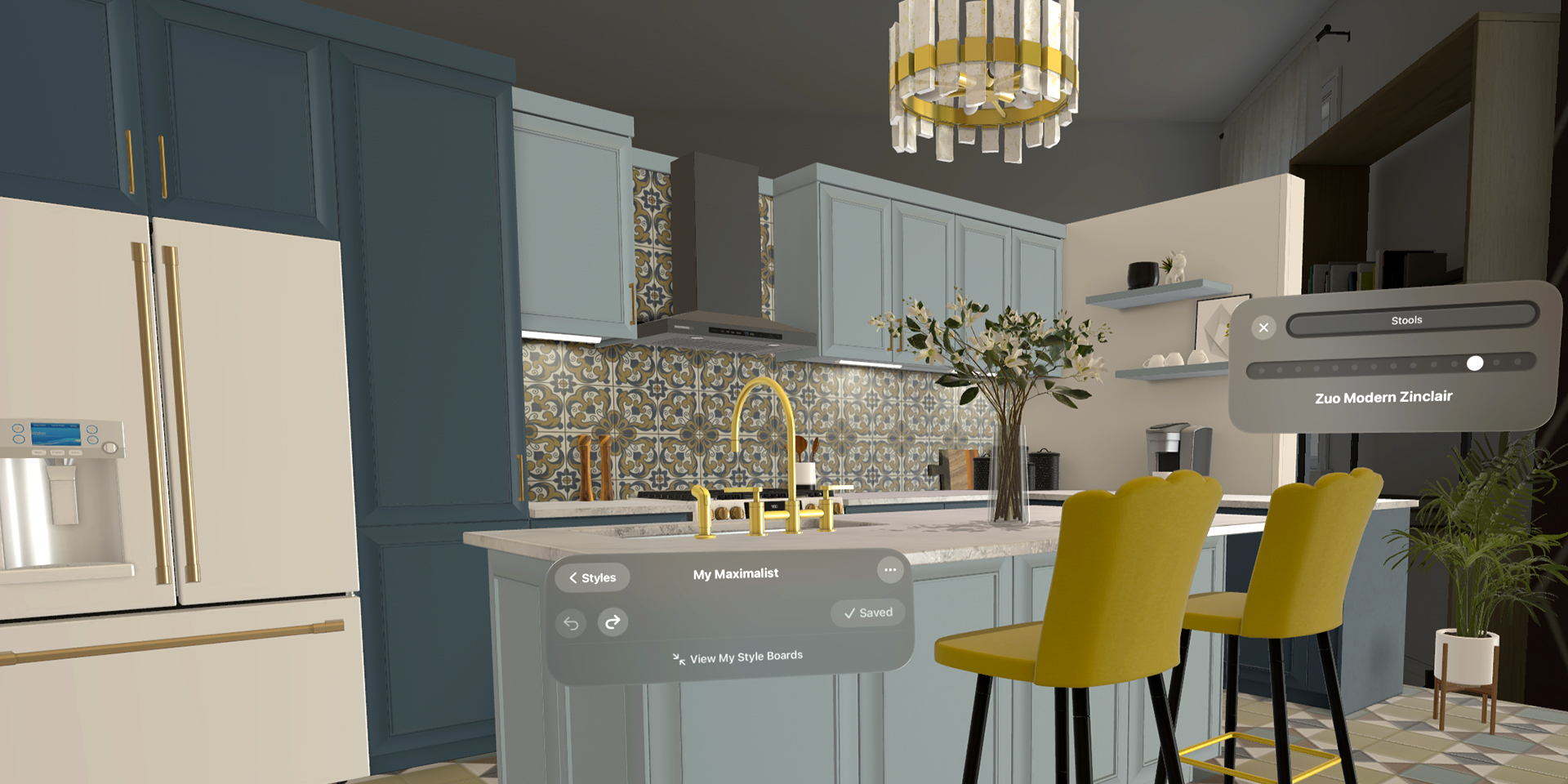 Maximalist Kitchen style selection seen in the Lowe's Innovation Labs experience Lowe's Style Studio, created exclusively for Apple Vision Pro. 