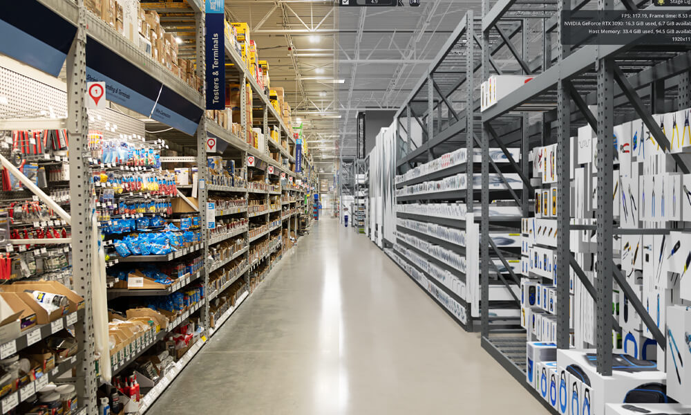 Split view of a Lowes Home Improvement store aisle on the left side and its Digital Twin on the right side. 