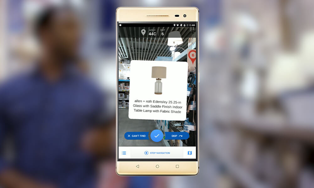 In-app view of Lowe's In-Store Navigation locating a lamp for a customer.